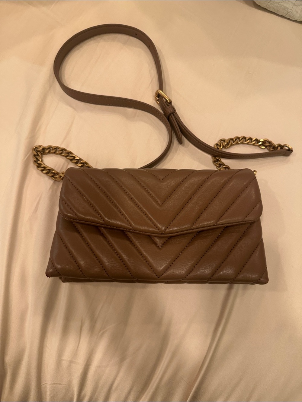 Quince Quilted Brown Leather Crossbody with Gold Chain